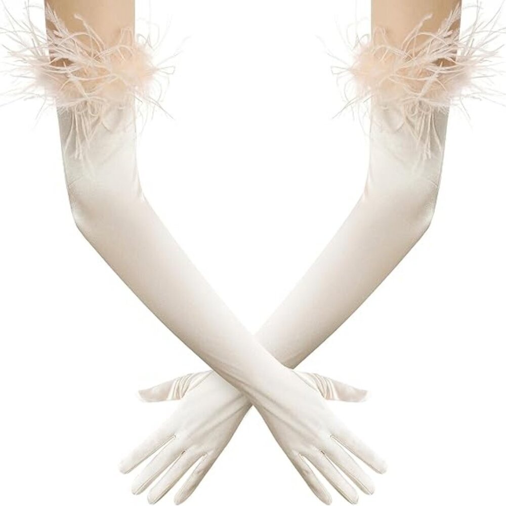 Women's Evening Cream Feather Long Satin Gloves Stretchy Elbow Halloween Costume